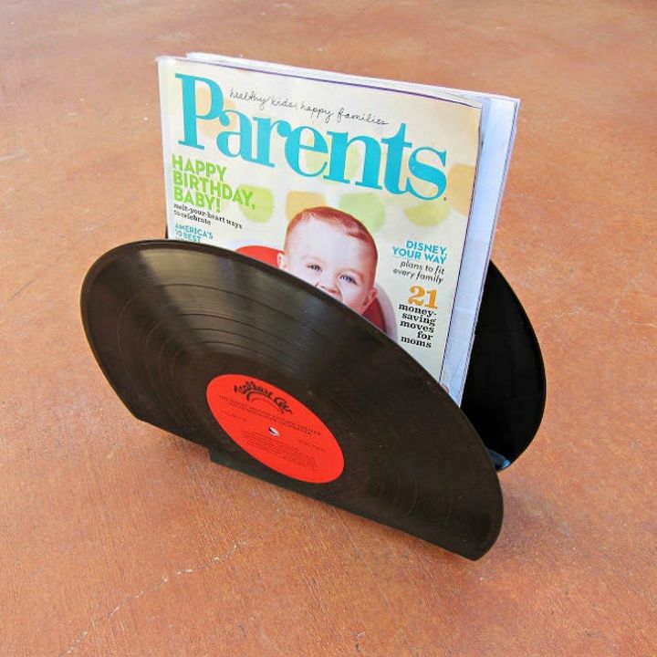 s 13 desk ideas that will make you smile at work, painted furniture, This magazine holder made from old records