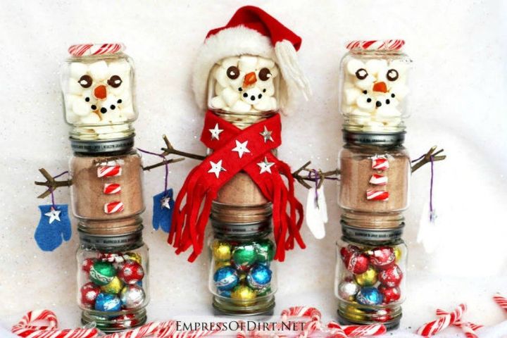 s 13 surprising ways to make a snowman for your porch, Stack baby jars and fill them with goodies