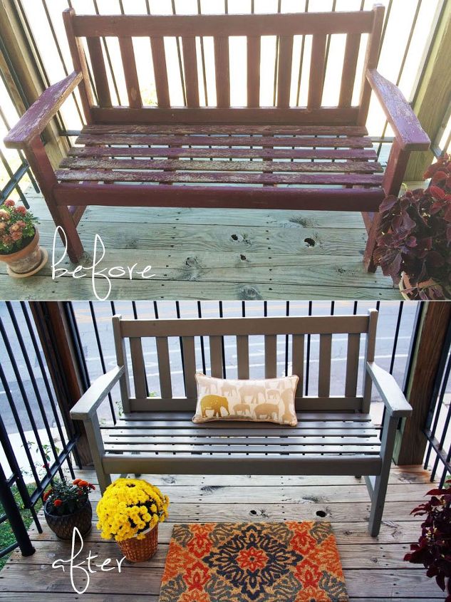before after wooden bench makeover, outdoor furniture