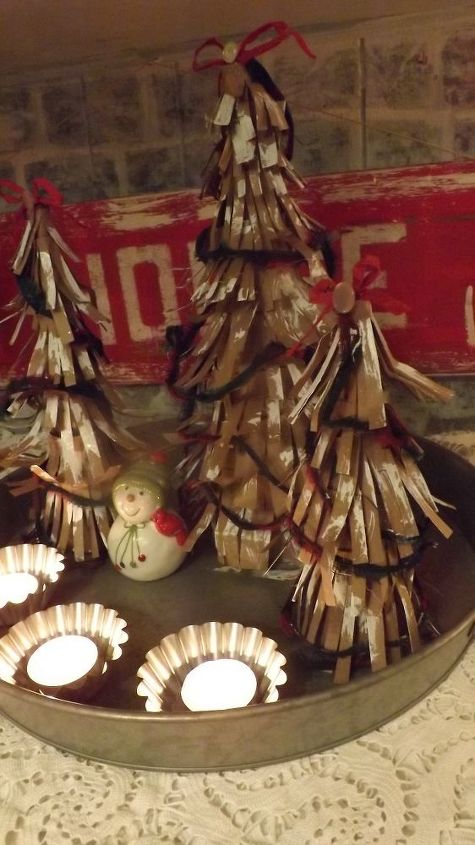 country shabby christmas trees from some brown grocer bags, shabby chic