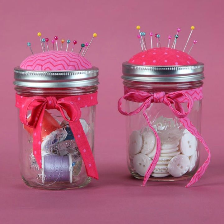 14 exciting mason jar ideas you just have to try, 4 This darling sewing kit pin cushion lid