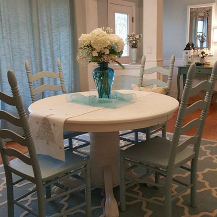 s 9 dining room table makeovers we can t stop looking at, painted furniture, After A charming farmhouse blue