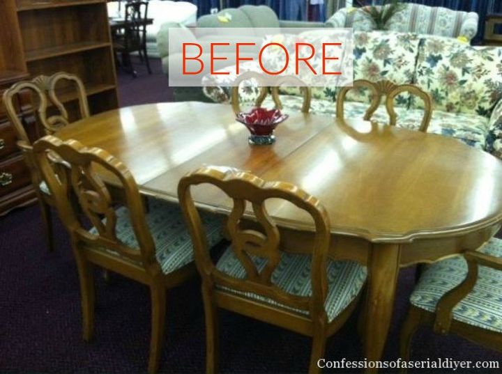 s 9 dining room table makeovers we can t stop looking at, painted furniture, Before A mustard yellow wood finish
