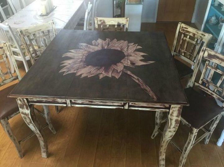s 9 dining room table makeovers we can t stop looking at, painted furniture, After A sunflower tabletop with rustic chair