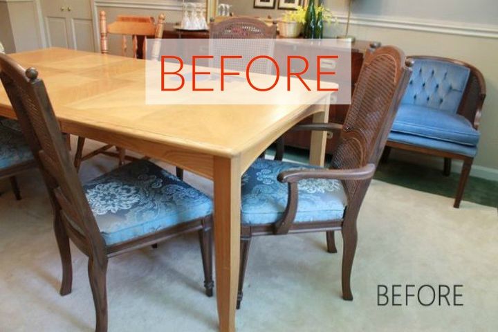 s 9 dining room table makeovers we can t stop looking at, painted furniture, Before A mismatched table and chairs