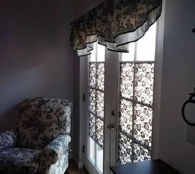 how to get privacy without curtains, Add a patterned fabric to the window panes