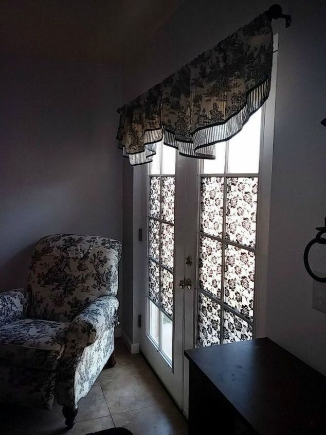 how to get privacy without curtains, Add a patterned fabric to the window panes