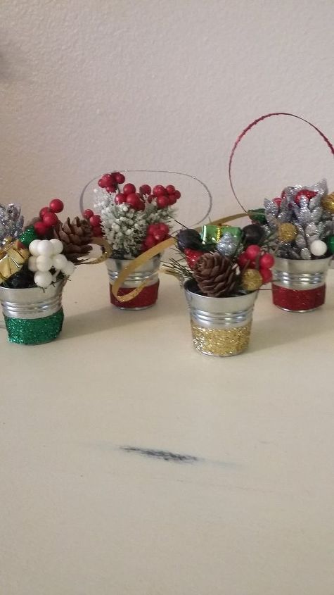 mini bucket ornaments, christmas decorations, seasonal holiday decor