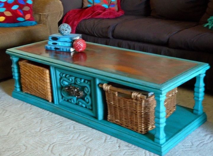 turquoise chalk paint on an old coffee table, chalk paint, painted furniture, painting