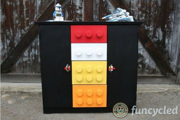 s give your kids the coolest furniture with these 14 jaw dropping ideas, painted furniture, Revamp their boring cabinet with a Lego theme