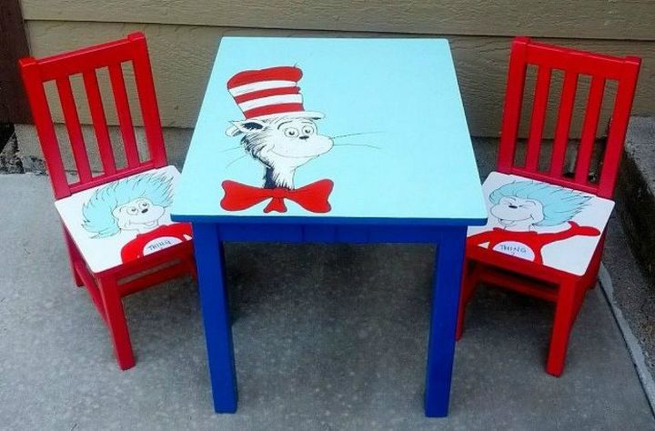 s give your kids the coolest furniture with these 14 jaw dropping ideas, painted furniture, Transform a table and chairs with Dr Suess