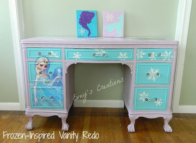 s give your kids the coolest furniture with these 14 jaw dropping ideas, painted furniture, Turn their desk into a Frozen inspired vanity