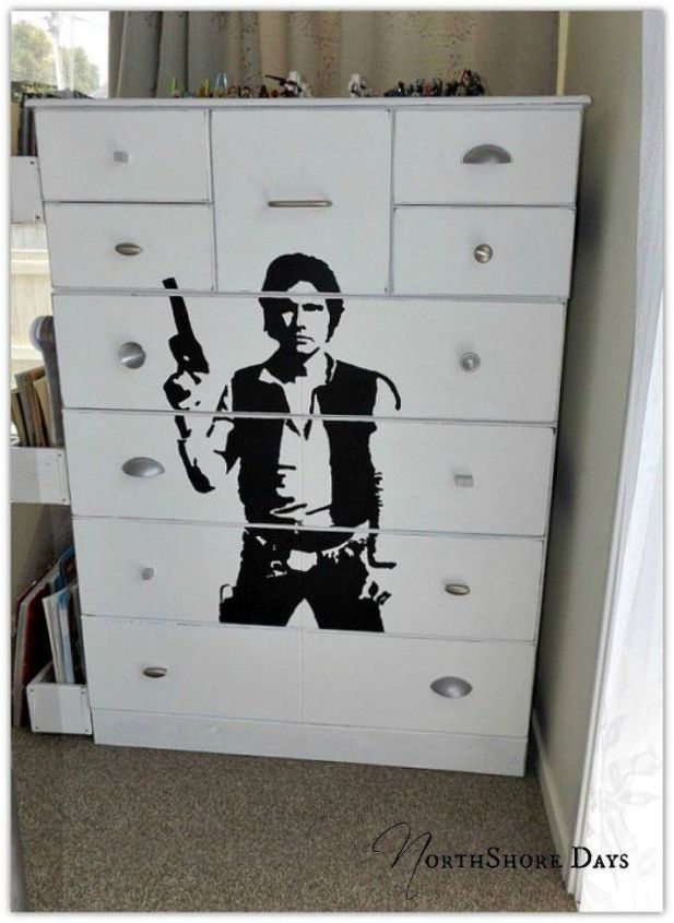 s give your kids the coolest furniture with these 14 jaw dropping ideas, painted furniture, Paint their dresser with a Han Solo stencil
