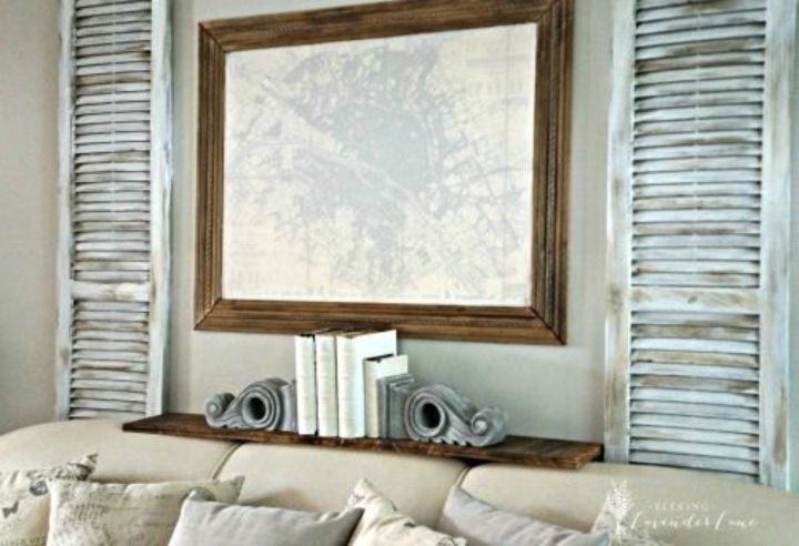 13 low budget ways to decorate your living room walls, Add some rustic shutters and a shelf
