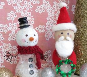 snowman and santa figures made from recycled salt and pepper shakers
