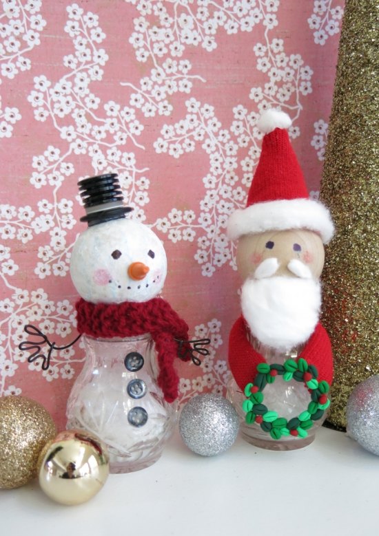 snowman and santa figures made from recycled salt and pepper shakers