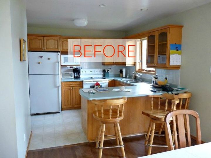 you ll rethink your kitchen color when you see these paint combos, Before Tired oak cabinets and yucky laminate