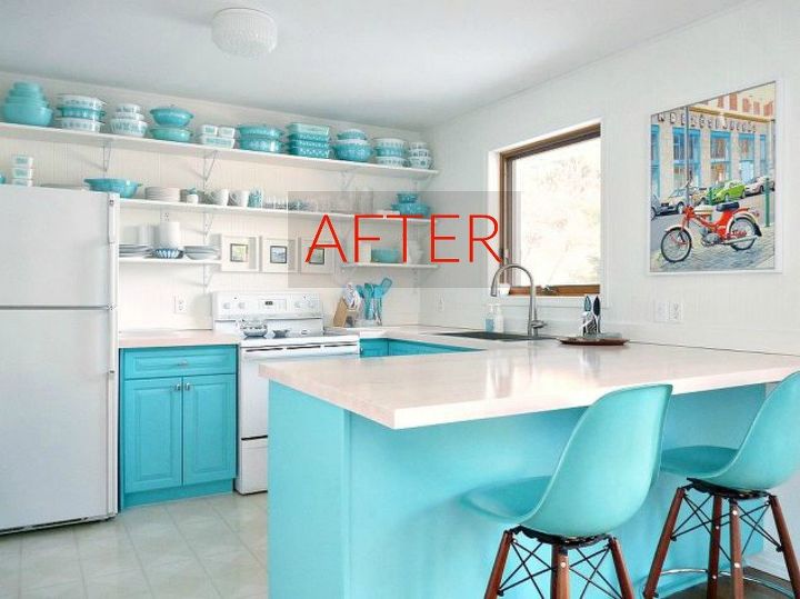 you ll rethink your kitchen color when you see these paint combos, After A turquoise and white bright kitchen