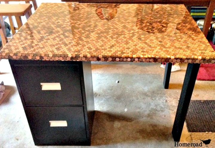 s save your pennies for these 12 jaw dropping decor ideas, home decor, This eye catching penny top office desk