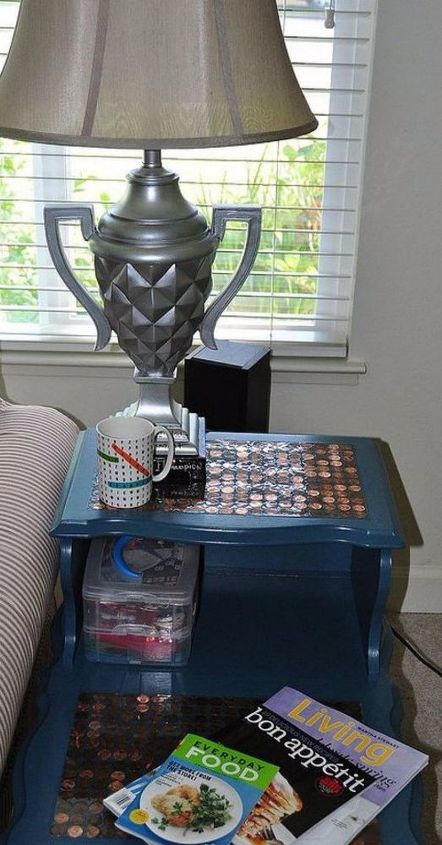 s save your pennies for these 12 jaw dropping decor ideas, home decor, This two tiered penny side table