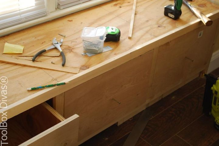 diy window bench seat with drawer storage, outdoor furniture, storage ideas