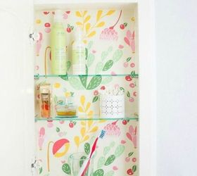 s how to get a gorgeous bathroom in less than three hours, bathroom ideas, how to, Refresh your medicine cabinet with wallpaper