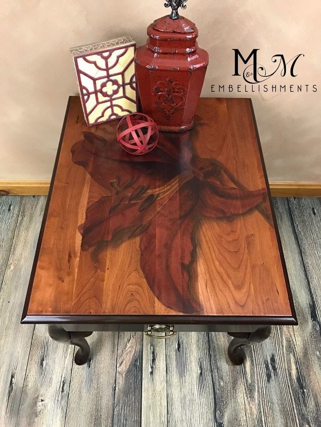 red stained lily table, flowers, gardening, painted furniture