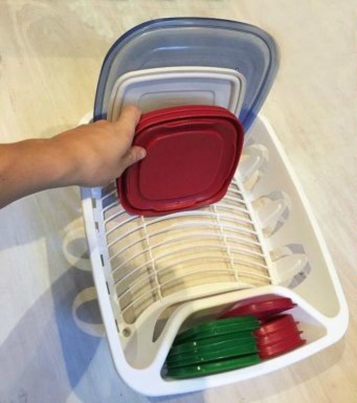 organize your plastic containers with these brilliant tips, Separate covers with a dish rack