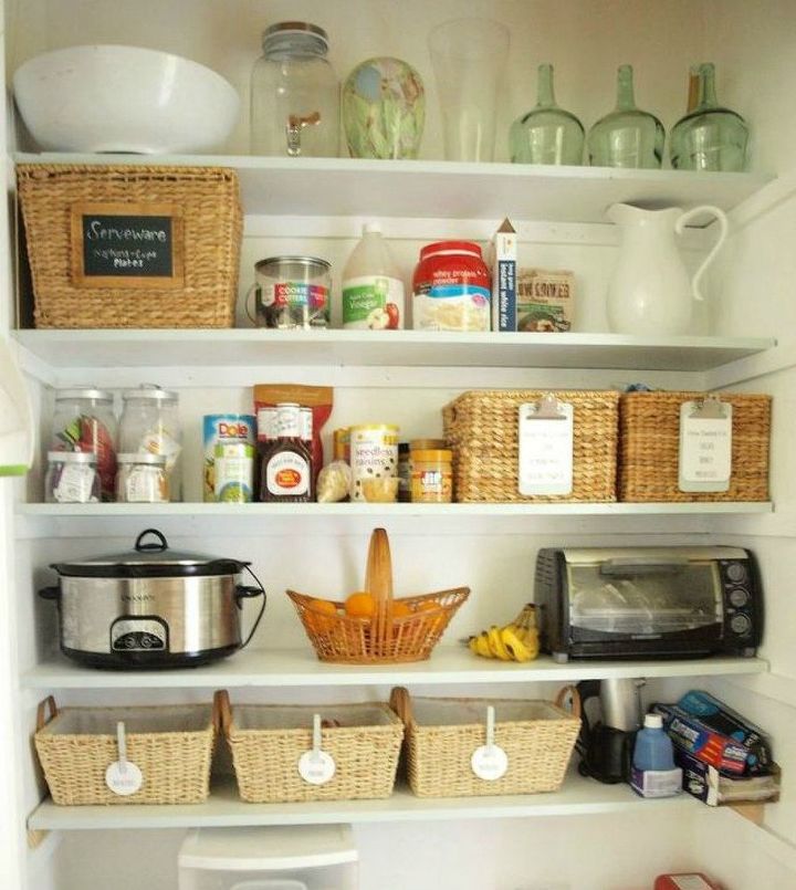 s stop everything these pantry organization ideas cost less than 20, closet, organizing, Collect unused woven baskets for decluttering