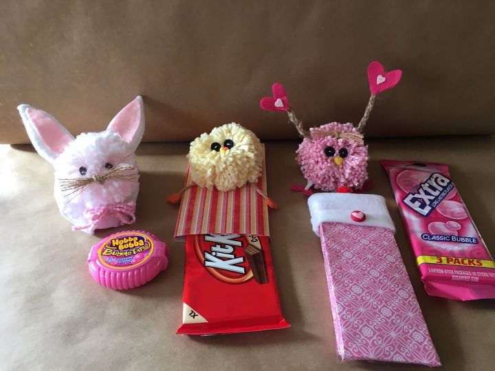 valentine s day and easter pom pom animals or creatures with treats, pets animals, seasonal holiday decor, valentines day ideas