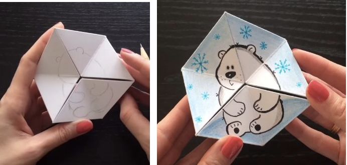 kaleidocycle paper toy with a hand drawn design