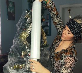 plastic wrapped christmas tree