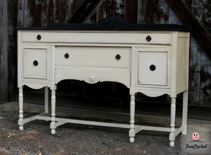 cream and black antique buffet and china cabinet, kitchen cabinets, kitchen design, painted furniture, repurposing upcycling