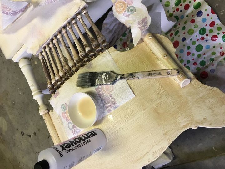 restored antique rocker, repurposing upcycling, Removing paint with 100 acetone