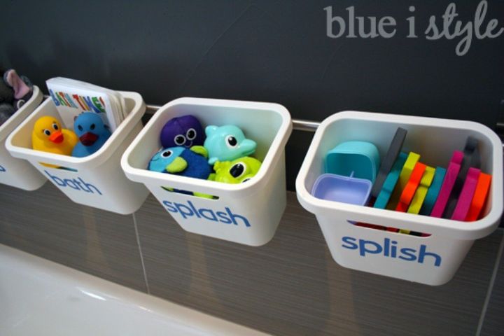 you need to try these dollar store bucket ideas, Upcycle them into bath toy holders