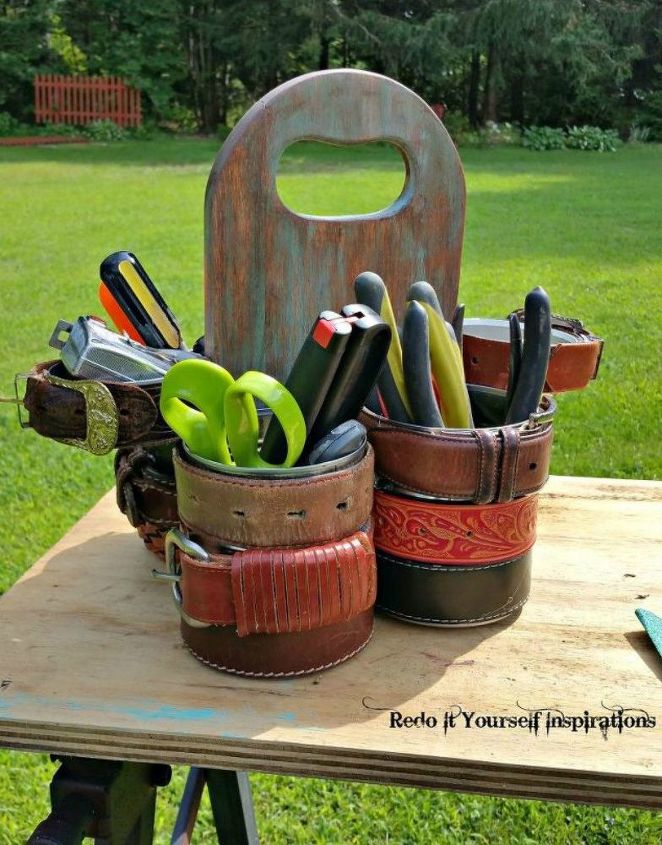 cut up old belts for these 13 amazing decor ideas, Wind some around tins to get a tool caddy