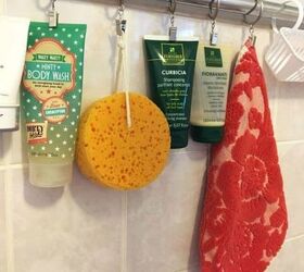 s dress up your bathroom in less than one minute really, bathroom ideas, Hang your shampoo on a rod
