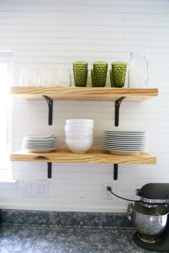 15 clever ways to add more kitchen storage space with open shelves, Condense your dishes into two shelves