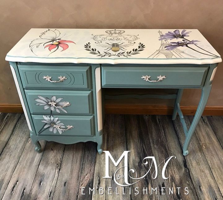 french provincial mixed media desk with stained artwork, crafts, painted furniture