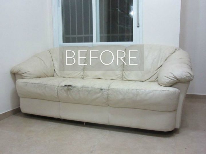 s hide your couch s wear and tear with these 9 ingenious ideas, painted furniture, Before Torn and worn