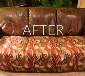 hide your couch s wear and tear with these 9 ingenious ideas, After Covered with fabric and a closet rod