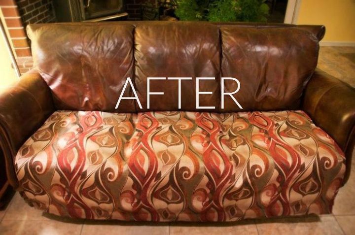 hide your couch s wear and tear with these 9 ingenious ideas, After Covered with fabric and a closet rod