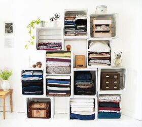 s 15 space saving hacks for your tight bedroom, bedroom ideas, Stack crates into clothing storage