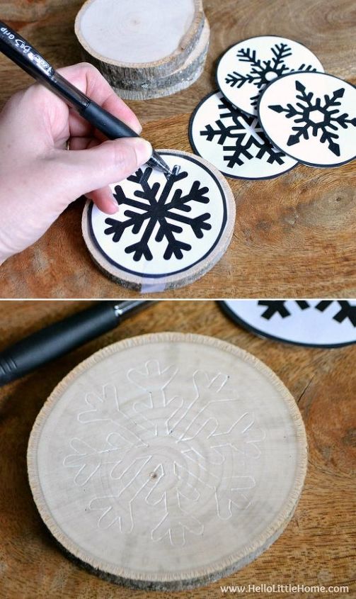 diy wood slice snowflake coasters