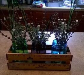yardstick crate for mason jars, mason jars, added some faux flower picks