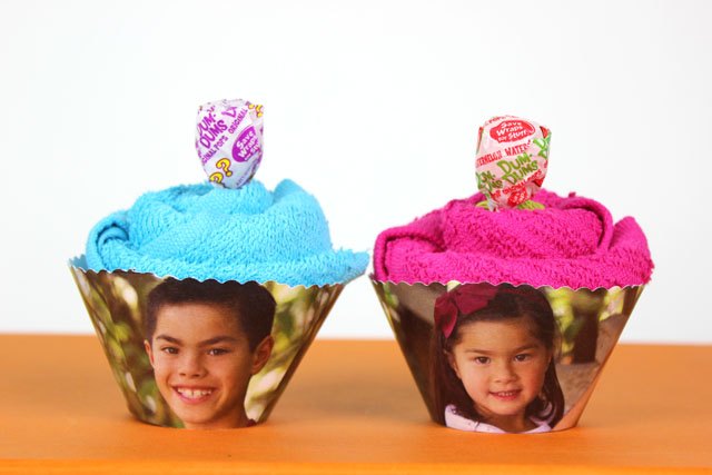 towel cupcakes with personalized wrappers