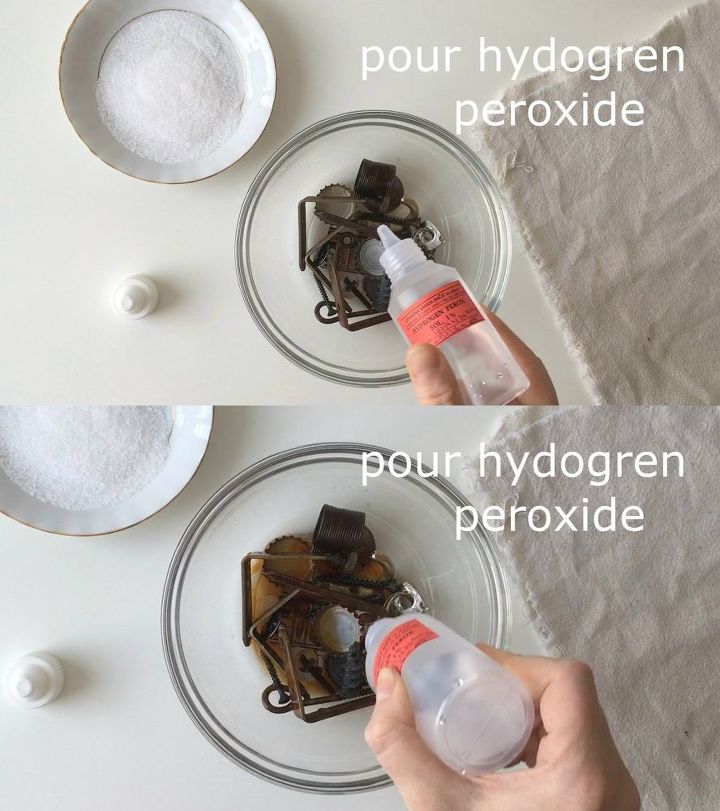 how to rusty metal pieces using vinegar hydrogen peroxide and salt