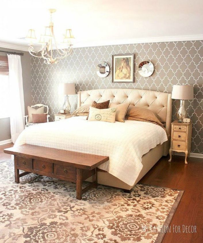 s 13 stylish ideas you ll want to steal for your boring bedroom, bedroom ideas, Paint an accent wall with a stencil