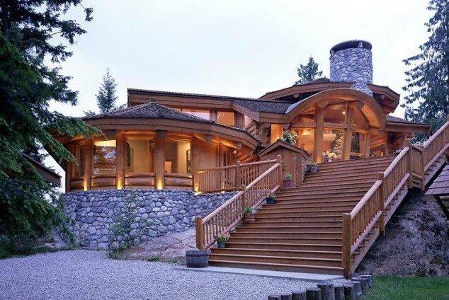 e a round log house