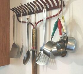 s why you should use hanging storage from now on 13 ways, storage ideas, Repurpose a rake for your kitchen utensils